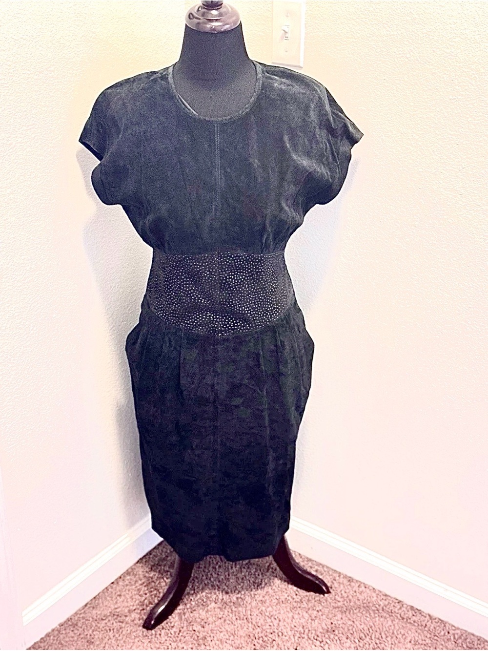 Vintage I. Magnin 80's Black Leather Suede Pig Skin Sheath Corset Dolman 8